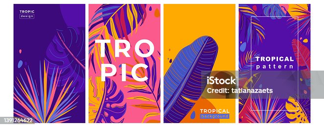 istock Tropic summer pattern vector set with jungle exotic leaves in simple minimal flat style. Abstract tropical cover design. Bright color 1391264622