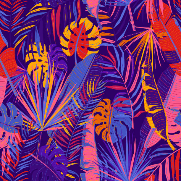 Tropic seamless pattern vector background with tropical leaves in bright color on dark backdrop. Cool floral exotic plant in simple modern flat style Tropic seamless pattern vector background with tropical leaves in bright color on dark backdrop. Cool floral exotic plant in simple modern flat style. tropical pattern stock illustrations