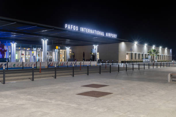 Night view on Paphos International Airport, joint civil-military public airport. stock photo