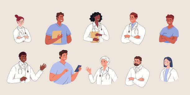 ilustraciones, imágenes clip art, dibujos animados e iconos de stock de retratos de médicos y enfermeras - group of objects business human resources laptop