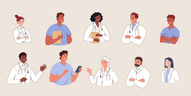 illustrazioni stock, clip art, cartoni animati e icone di tendenza di ritratti di medici e infermieri - doctor healthcare and medicine human resources teamwork