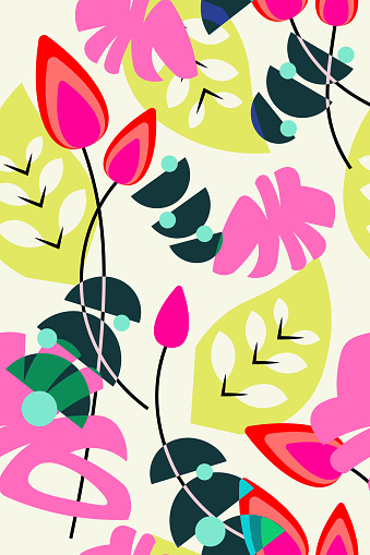 Multilayered neon colored floral pattern. Fashion style for fabric and textile. Flat design, bright colors. Summer, springtime. Vector illustration.