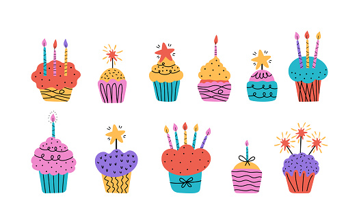 Vector set of colorful holiday doodle icons. Bday cake with candles, cupcakes, muffins. Happy birthday. Modern design in minimalistic scandinavian style for children's parties, birthday, anniversary