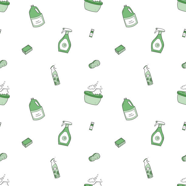 Eco friendly natural household cleaning products seamless pattern Eco friendly natural household cleaning products seamless pattern. Green house concept. House washing supplies repeat texture. Vector design for package, wrapping, banner, brochure free chore backgrounds stock illustrations