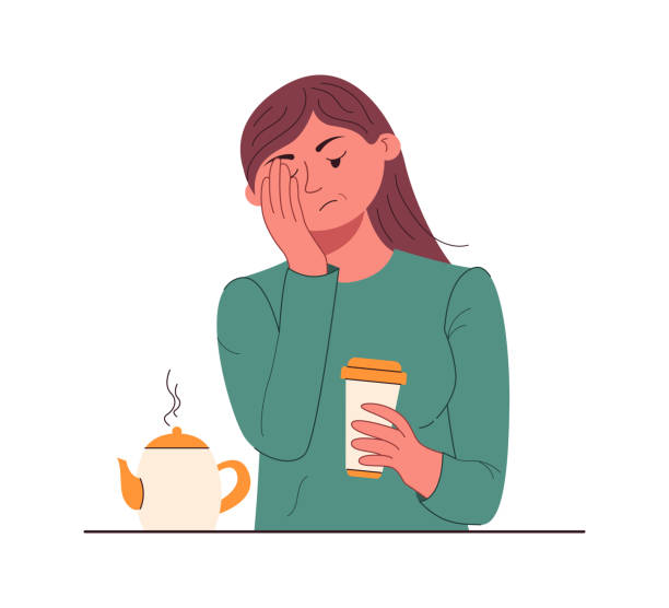 ilustrações, clipart, desenhos animados e ícones de triste jovem cansada bebendo café. conceito de vício em cafeína - dependency caffeine tired women