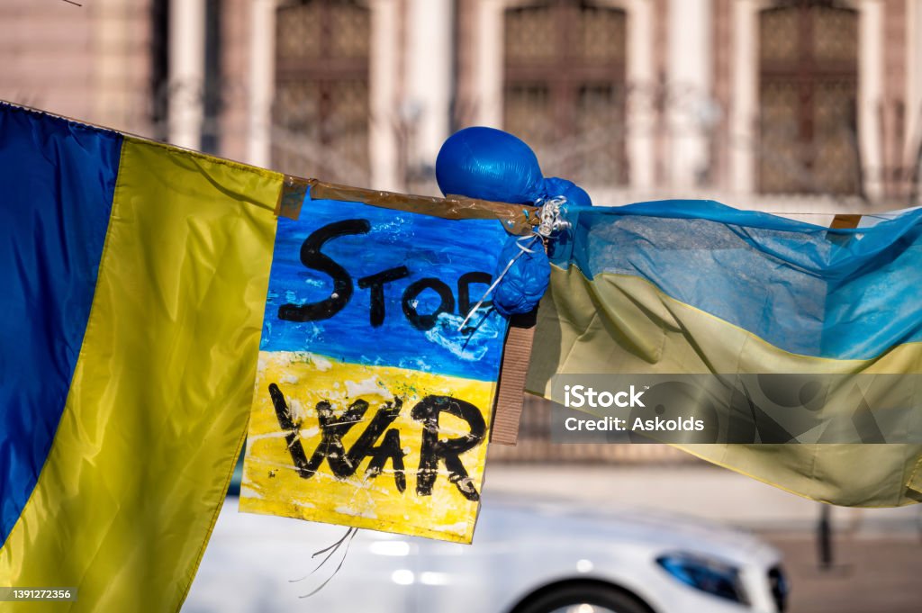 Posters, protest against the Russian invasion in Ukraine Protest against the Russian invasion in Ukraine Stand with Ukraine Stock Photo