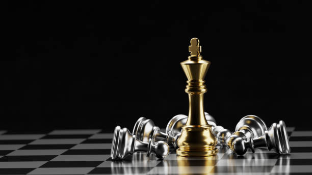 istock Gold chess king among lying silver pawns on a chessboard. 3D rendering illustration. 1391274424