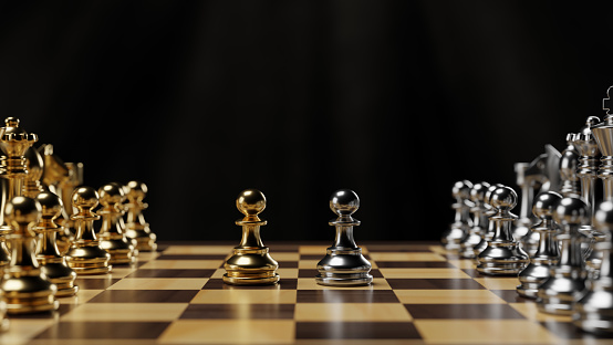 Gold and silver chess figures placed on chessboard, 3D rendering illustration.