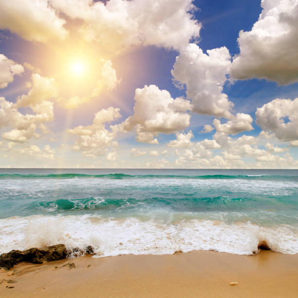istock Sandy tropical beach, blue ocean water and bright sun rise. 1391274718