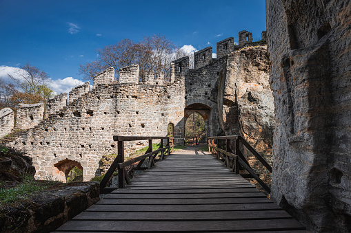 Imposing walls and towers part of the Palacio Reale de Olite in Navarre region. Olite, Navarre, Spain, December 2018