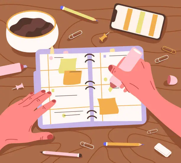 Vector illustration of Hands writing in notebook, paper, pen, pencils, and coffee cup