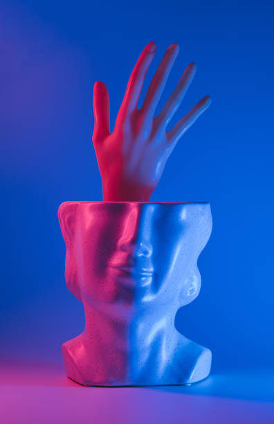 Hand reaching out from statue head and pink blue led lights. Neon, help surreal background.