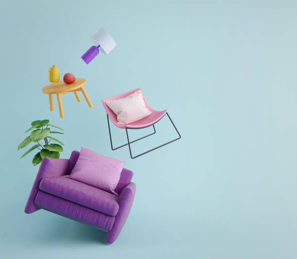 青い背景に飛ぶ家�具。リビングルームの家具。家の装飾広告.3dレンダリングのコンセプト - furniture ストックフォトと画像
