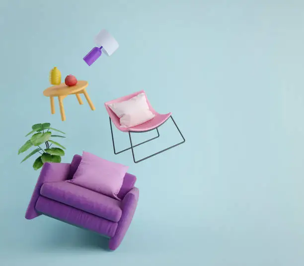 Photo of Furniture flying in blue background.Living room furniture.Concept for home decor advertising.3d rendering