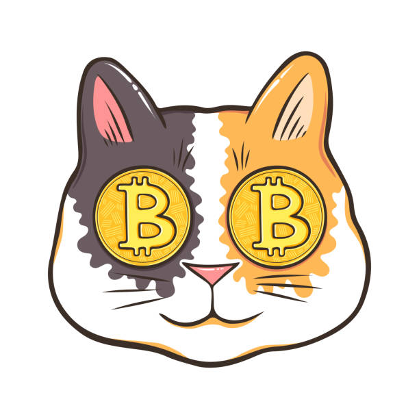 illustrations, cliparts, dessins animés et icônes de calico chat avec des yeux bitcoin dessinés à la main. crypto cat idée d’art moderne - comic book animal pets kitten