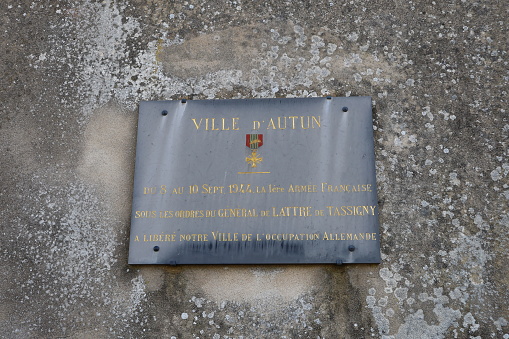 Commemorative plaque, city of Autun, department of Saone et Loire, France