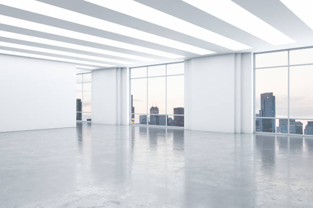 istock Modern white gallery interior with mock up place, window and panoramic city view. 3D Rendering. 1391290588