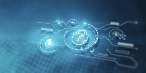istock Abstract internet safety and security interface with padlock and business charts on blurry blue backdrop. Secure and cyber concept. 3D Rendering. 1391290695