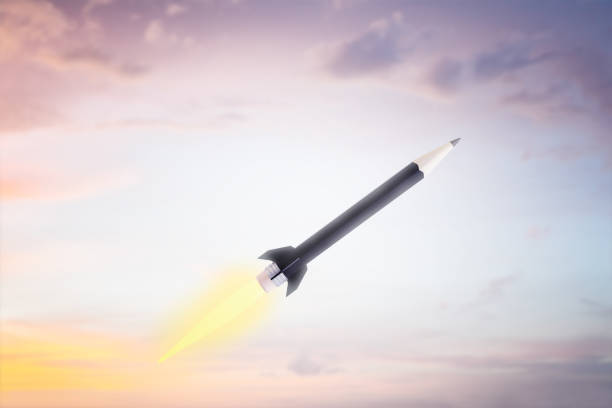 istock Creative blue pencil rocket on sky background. Education and start up concept. 3D Rendering. 1391290762