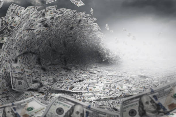 tsunami hecho de billetes de 100 dólares - banking crisis fotografías e imágenes de stock