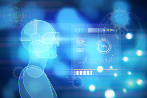 istock Abstract blue guy or robot outline with VR glasses on blurry bokeh backdrop with charts and various icons. Virtual reality and metaverse concept. 3D Rendering. 1391290852