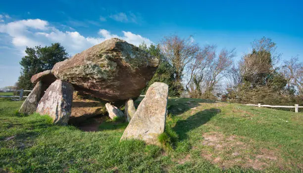 Arthur's Stone,on grass against blue sky,Neolithic unearthed chambered tomb,Herefordshire,England,UK.
