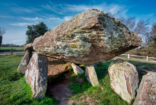 Large stones of the inner burial chamber,5000 years old.Close to Welsh border.Overlooking the Golden Valley, Herefordshire and the Wye Valley,linked to King Arthur.Sunny spring day,close to sunset.