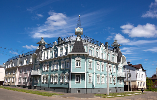 Rybinsk, Russia. Beautiful house against the sky in a small Russian town.