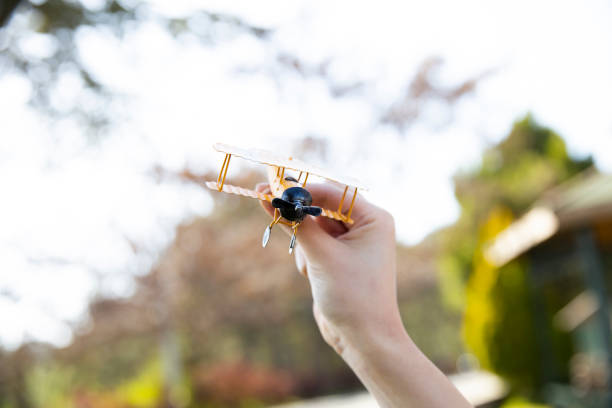 Hand holding a toy plane. holiday concept. Hands of woman holding a toy plane and have dreams wants to be a journey