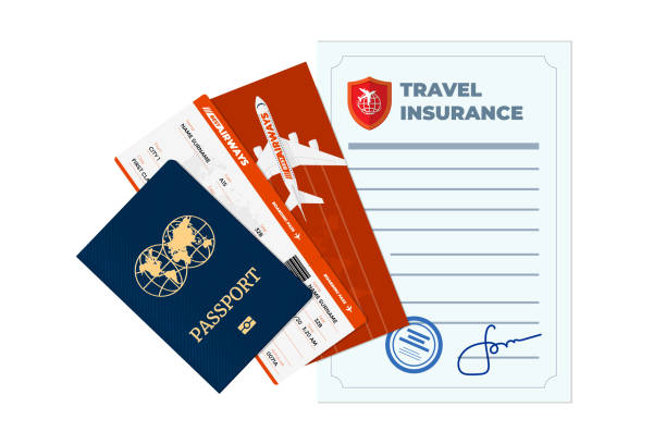istock Travel insurance policy advertising concept. Safe plane trip and signed contract protection life and property. Safety journey aircraft document with tourist passport and flight ticket. Vector 1391293892