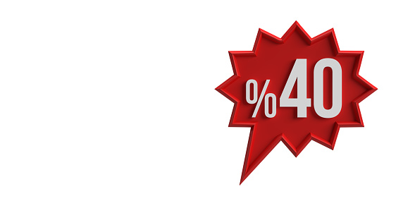 Sale and discount promotion concept: Written off or up rate 40% percent symbol in red speech bubble. White background with clipping path feature. Horizontal composition with copy space. Sale Banner Template, Special Offer Tag, Sticker, Advertising