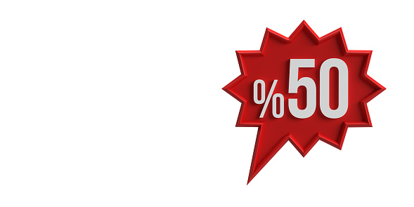 Sale and discount promotion concept: Written off or up rate 50% percent symbol in red speech bubble. White background with clipping path feature. Horizontal composition with copy space. Sale Banner Template, Special Offer Tag, Sticker, Advertising