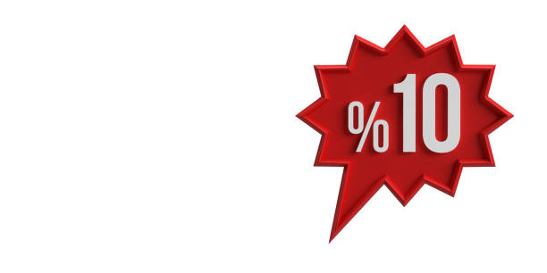 Sale and discount promotion concept: Written off or up rate 10% percent symbol in red speech bubble. White background with clipping path feature. Horizontal composition with copy space. Sale Banner Template, Special Offer Tag, Sticker, Advertising