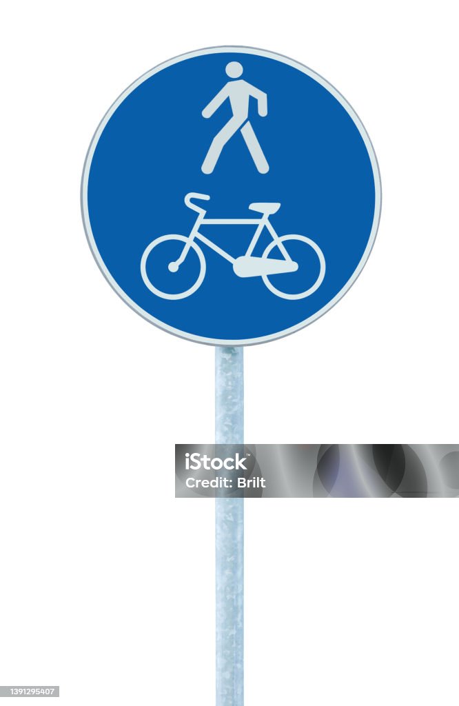 Fahrrad Und Fußgängerwegstraßenschild Am Pfosten Große Blaue Runde Isoliertes Fahrrad Radfahren Fahrrad Und Fußgängerwegstraßenschild Am Pfosten Große Blaue Runde Isoliertes Fahrrad Radfahren