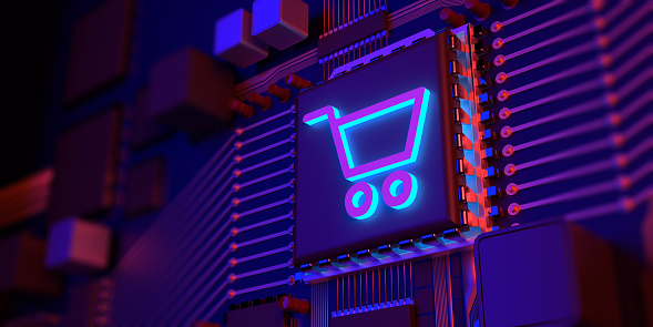 Circuit Motherboard Concept: Online shopping and credit payment with contactless pay technology on colored CPU background with copy space. Blue neon illuminated cart. Buying, selling goods and services by charge cards.