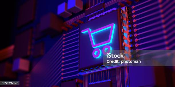 Shopping Cart Symbol On Circuit Board Side View Stock Photo - Download Image Now - Shopping Cart, Cart, Internet
