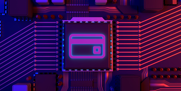 Circuit Motherboard Concept: Online banking and credit payment with contactless pay technology on colored CPU background with copy space. Debit cards for money cash withdrawals. Buying, selling goods and services by charge cards.