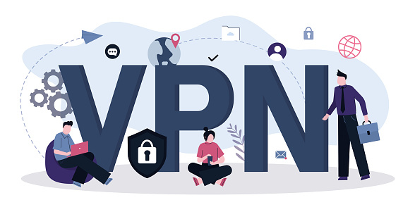 Business people using VPN to protect personal data. Virtual private network connection. Security protocol and privacy protection. Secure internet connection, data encryption. Flat vector illustration