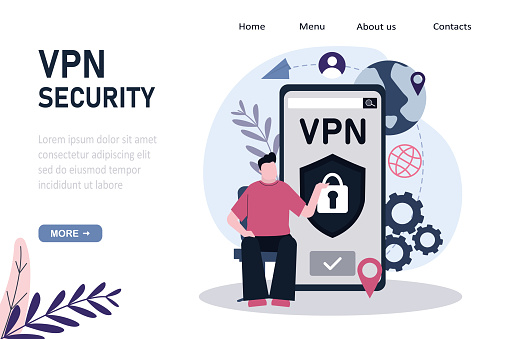 Man use VPN to protect personal data in phone. Application for secure internet connection, data encryption. Template, landing page. Security protocol and privacy protection. Flat vector illustration