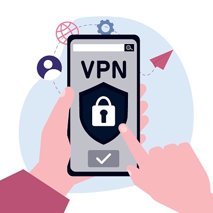 Person using VPN app to protect personal data. Hands holding phone with application for secure internet connection, data encryption. Security protocol and privacy protection. Flat vector illustration