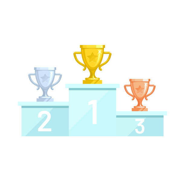 The winner podium with gold, silver and bronze cups trophy vector art illustration