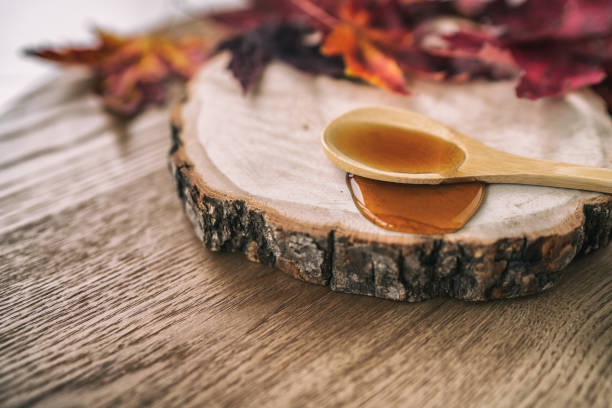 istock Maple syrup sugar liquid in wooden spoon from Quebec restaurant sugar shack called Cabane a sucre maple trees sap farm. Canadian delicacy sweet dessert ingredient 1391302143