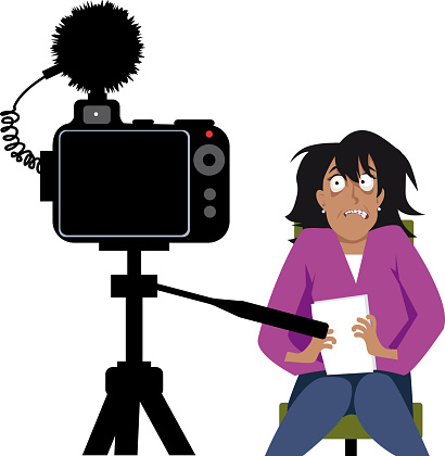 Woman suffering from camera anxiety attempting to make a video presentation with DSLR photo camera, EPS 8 vector illustration