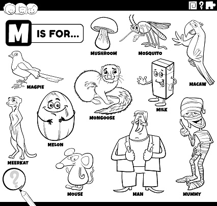 Black and white educational cartoon illustration for children with comic characters and objects set for letter M coloring book page