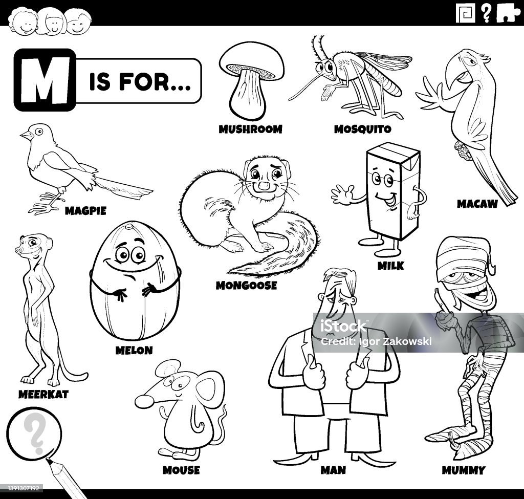 Letter M Words Educational Set Coloring Book Page Stock ...