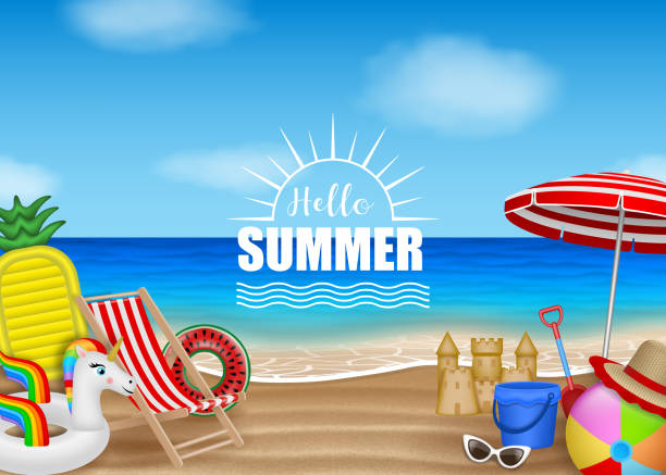 Hello summer poster with beach elements on sea background Hello summer poster with beach elements on sea background vector sand pail and shovel stock illustrations