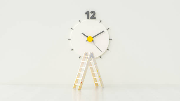 Clock middle of white room. Wooden ladder placed in front. Minimal idea concept, 3D Render.