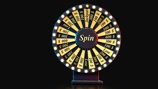 Jackpot isolated on dark background. Wheel of luck. Gold black circle and spinning with numbers 3d rendering.