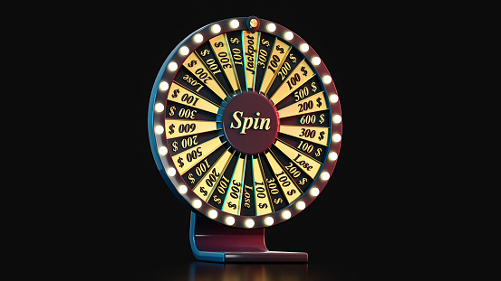 Jackpot isolated on dark background. Wheel of luck. Gold black circle and spinning with numbers 3d rendering.