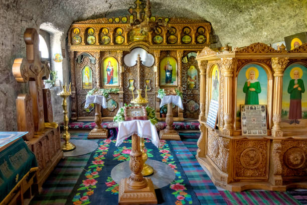 Interior of the Orheiul Vechi Cave Monastery (Old Orhei Cave Monastery) near Chisinau, Moldova.